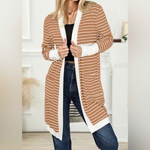Brown Striped Side Pockets Open
Front Cardigan